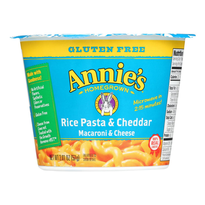 Annie's Homegrown Gluten Free Rice Pasta And Cheddar Microwavable Mac And Cheese Cup -Case Of 12 - 2.01 Oz.