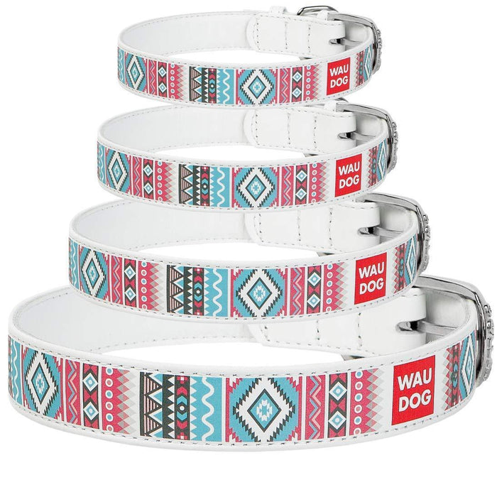 Design Leather Dog Collar for Puppy Small Medium and Large Dogs   Boy & Girl Leather Dog Collar   Leather Buckle Dog Collar White (10 1 4    13 3 4  Neck * 3 5  Wide Ethno 1)