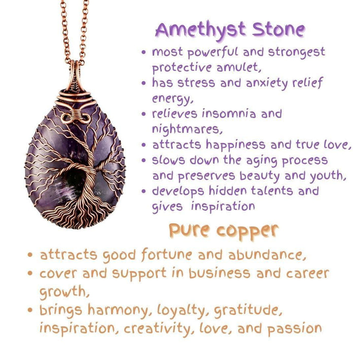 Teardrop amethyst tree of life pendant necklace   Unique copper jewelry for women and men Anniversary present Birthday gift idea for him and her Spiritual gifts for girlfriend boyfriend mother father