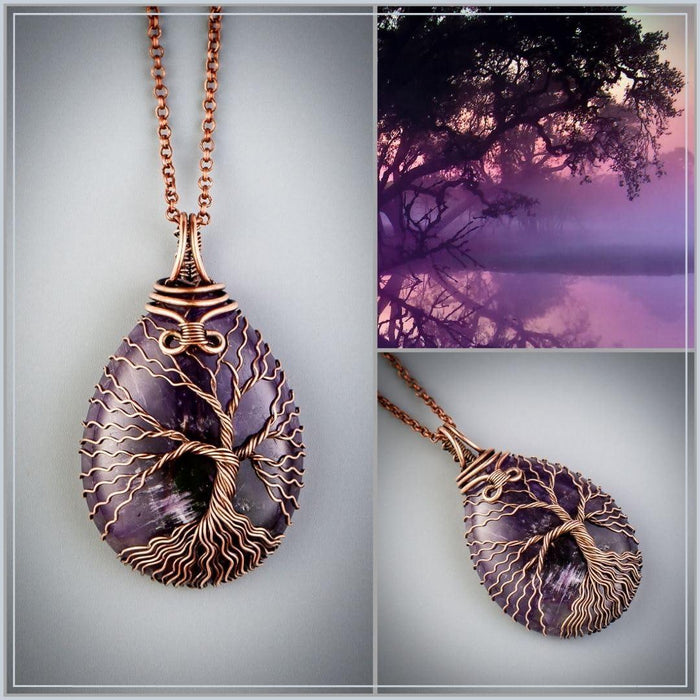 Teardrop amethyst tree of life pendant necklace   Unique copper jewelry for women and men Anniversary present Birthday gift idea for him and her Spiritual gifts for girlfriend boyfriend mother father