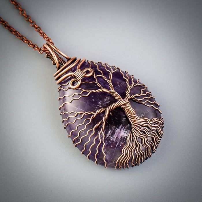 Teardrop amethyst tree of life pendant necklace   Unique copper jewelry for women and men Anniversary present Birthday gift idea for him and her Spiritual gifts for girlfriend boyfriend mother father