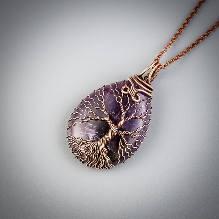 Teardrop amethyst tree of life pendant necklace   Unique copper jewelry for women and men Anniversary present Birthday gift idea for him and her Spiritual gifts for girlfriend boyfriend mother father