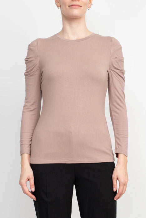 Catherine Malandrino Crew Neck Long Sleeve Ruched Shoulder Solid Knit Top