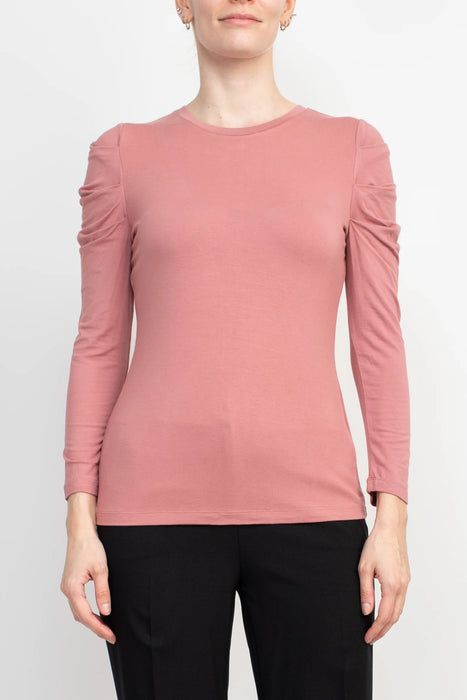 Catherine Malandrino Crew Neck Long Sleeve Ruched Shoulder Solid Knit Top
