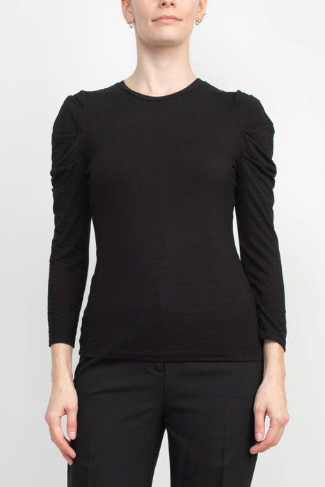 Catherine Malandrino Crew Neck Long Sleeve Ruched Shoulder Solid Knit Top