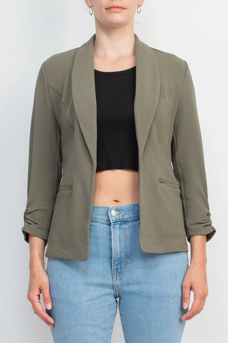 Philosophy Shawl Collar 3/4 Ruched Sleeve Knit Crepe with Belt Pockets