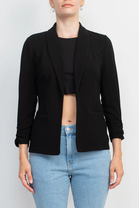 Philosophy Shawl Collar 3/4 Ruched Sleeve Knit Crepe with Belt Pockets