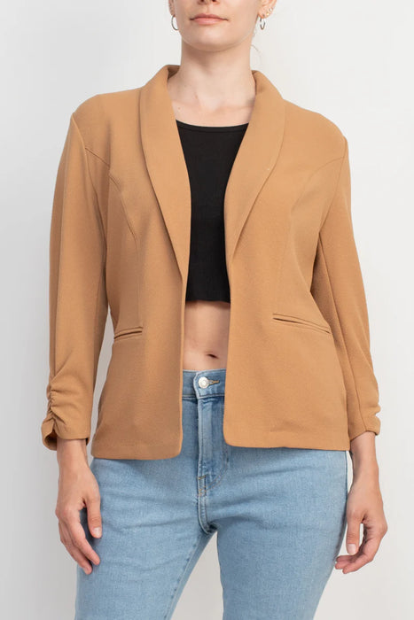 Philosophy Shawl Collar 3/4 Ruched Sleeve Knit Crepe with Belt Pockets