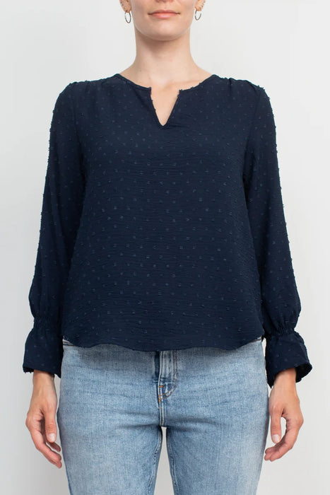 Counterparts Split V- Neck Popover Elastic Cuff Textured Top