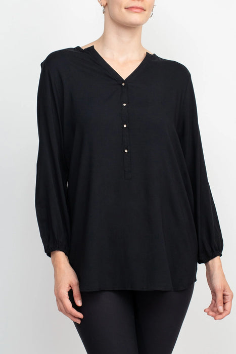 Grand & Greene V- Neck Rhinestone Button Detail 3/4 Bishop Sleeves with Elastic Cuffs Rayon Top