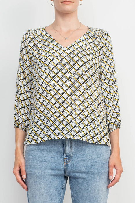 Counterparts V-Neck Elastic Shoulder Detail Elastic Cuff Multi Print Crepe Top