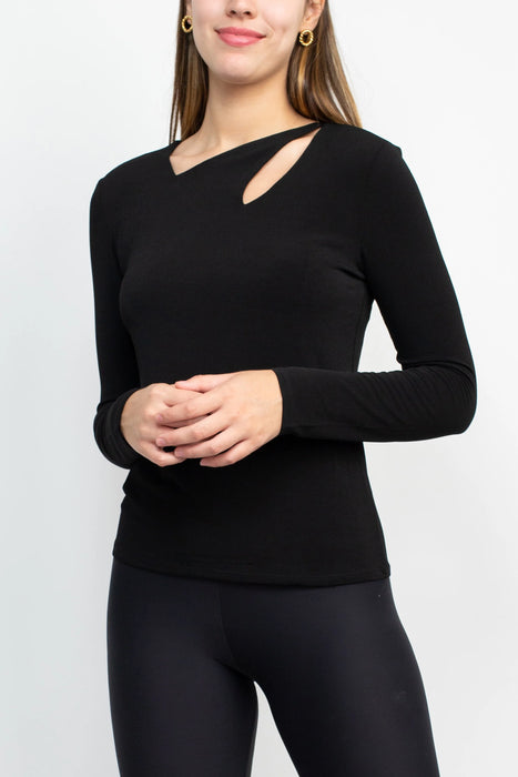 Catherine Malandrino Asymmetrical Cutout Neck Long Sleeve Solid Crepe Top