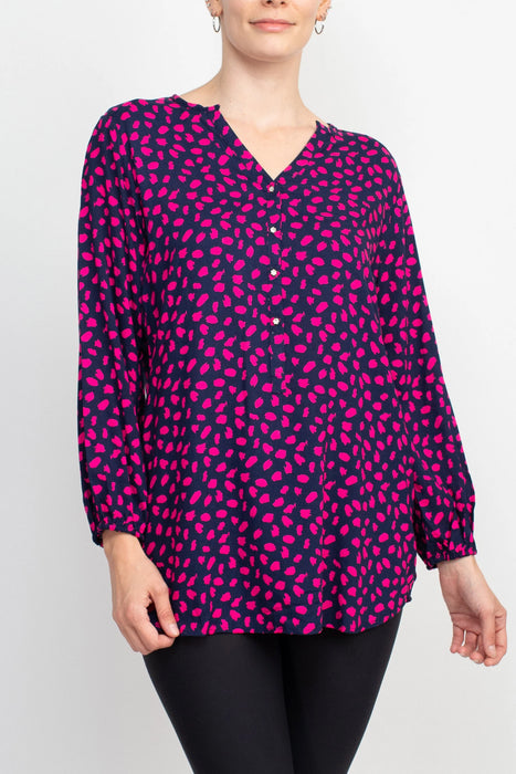 Grand & Greene V- Neck Rhinestone Button Detail 3/4 Bishop Sleeves with Elastic Hems Printed Ryon Top