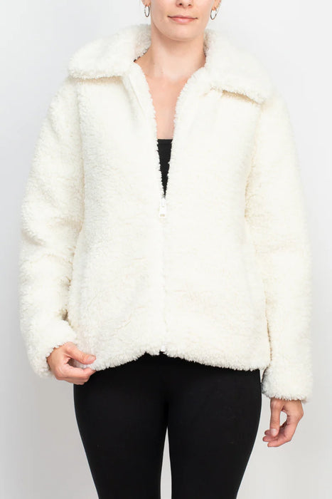Catherine Malandrino collared V-neck long sleeve zipper front faux fur jacket