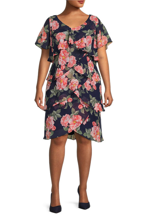 SL Fashion V Neck Short Sleeves Ruffle Detail Short Chiffon Dress