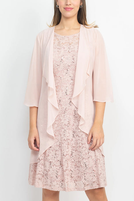 SL Fashion Boat Neck Sleeveless Embellished Fit & Flare Keyhole Back Zipper Back Lace Dress with Open Front Elbow Length Sleeve Cascade  Front Chiffon Jacket