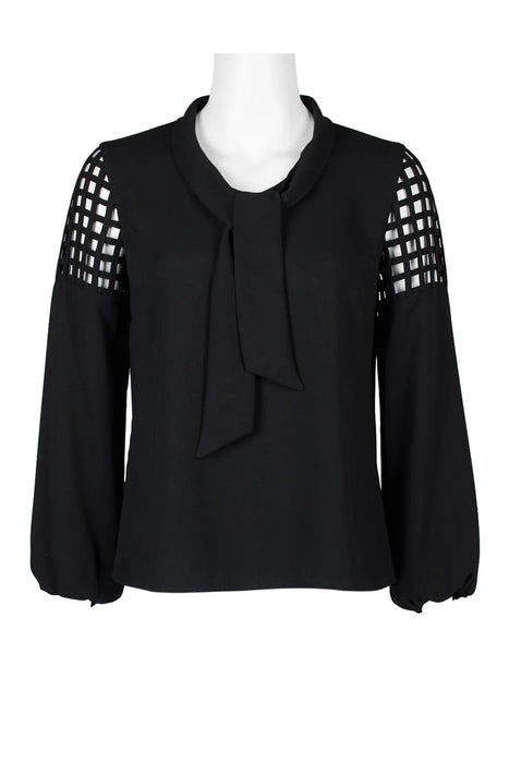 Tahari ASL Tie Neck Long Sleeve Lasercut Shoulder Keyhole Back Crepe Top (Petite)