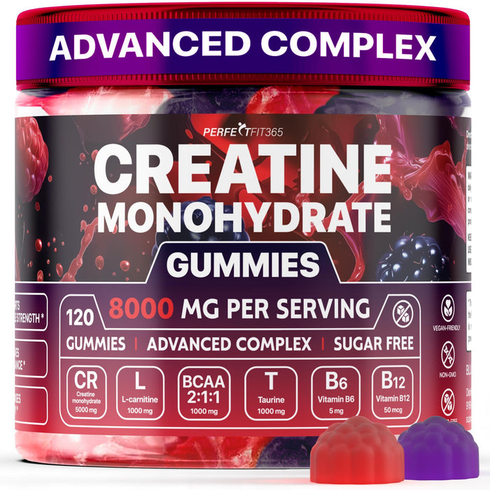 Creatine Monohydrate Gummies Complex 8000mg with L-Carnitine & Taurine, Flavored Creatine for Women and Men with Raspberry, Blueberry & Blackberry Taste, Pre Workout Gummies for Men and Women - 120pcs