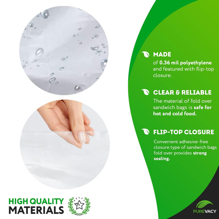 Fold Top Plastic Sandwich Bags 6.75 x 6.75 Inches. Pack of 2000 Clear Plastic Sandwich Baggies with Flip Top Closure. 0.36 Mil Thick Polyethylene Waterproof Sandwich Bags Fold Over