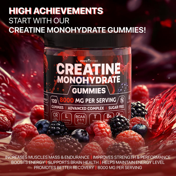 Creatine Monohydrate Gummies Complex 8000mg with L-Carnitine & Taurine, Flavored Creatine for Women and Men with Raspberry, Blueberry & Blackberry Taste, Pre Workout Gummies for Men and Women - 120pcs