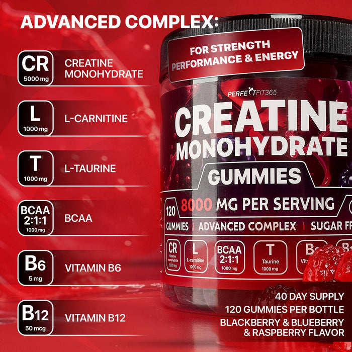 Creatine Monohydrate Gummies Complex 8000mg with L-Carnitine & Taurine, Flavored Creatine for Women and Men with Raspberry, Blueberry & Blackberry Taste, Pre Workout Gummies for Men and Women - 120pcs