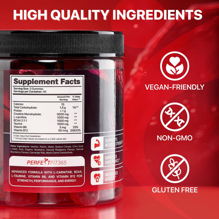 Creatine Monohydrate Gummies Complex 8000mg with L-Carnitine & Taurine, Flavored Creatine for Women and Men with Raspberry, Blueberry & Blackberry Taste, Pre Workout Gummies for Men and Women - 120pcs