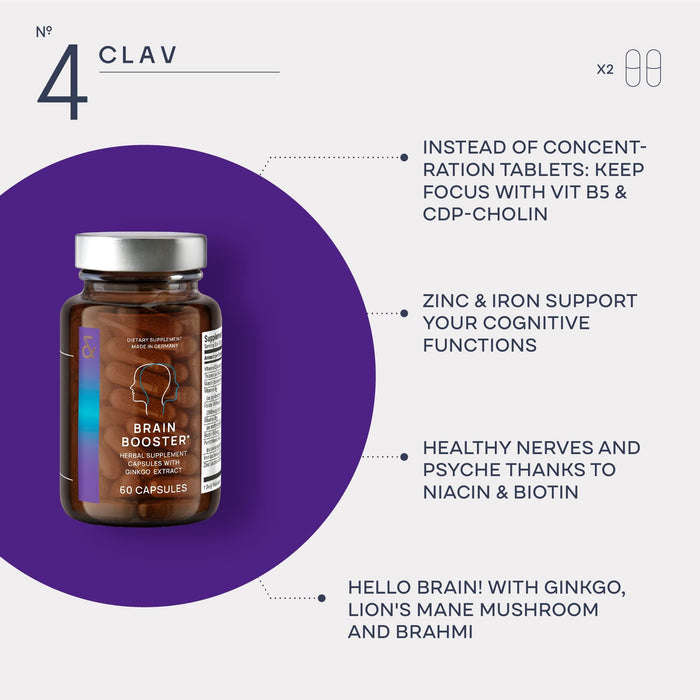 N°4 Brain Booster   Nootropics Brain Support Supplement for Memory & Focus   Lions Mane Bacopa Monnieri Ginkgo   Brain Vitamins & Memory Pills   60 Capsules