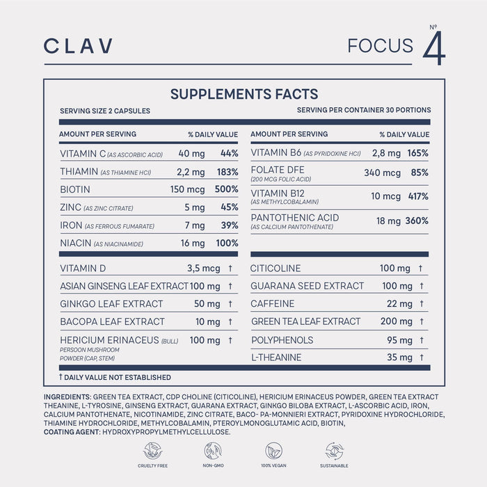 N°4 Brain Booster   Nootropics Brain Support Supplement for Memory & Focus   Lions Mane Bacopa Monnieri Ginkgo   Brain Vitamins & Memory Pills   60 Capsules