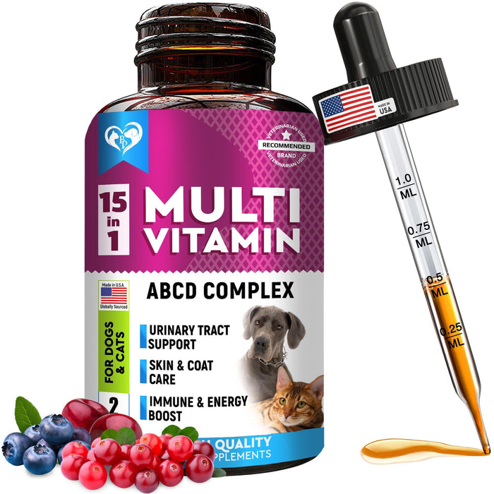 Cat & Dog Multivitamin Liquid with Glucosamine & Cranberry | 15 in 1 Health Supplements for Urinary Tract Kidney Bladder Hip & Joint Skin & Coat | Natural UTI Medicine Made in USA (60 ml)