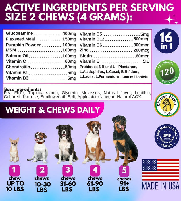 16-in-1 Dog Multivitamin Chewable with Glucosamine – Comprehensive Health Support for Dogs