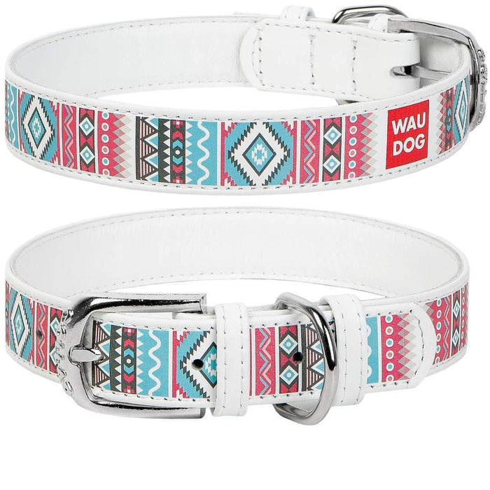 Design Leather Dog Collar for Puppy Small Medium and Large Dogs   Boy & Girl Leather Dog Collar   Leather Buckle Dog Collar White (10 1 4    13 3 4  Neck * 3 5  Wide Ethno 1)
