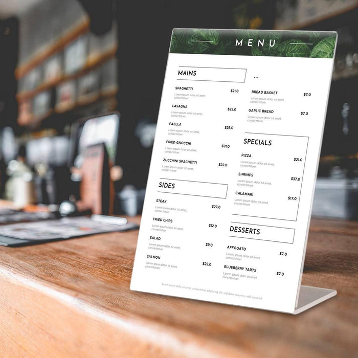 5 Pack Acrylic Sign Holders 8.5x11   Plastic Stands for Display   8 1 2 x 11 Acrylic Sign Holder with Vertical Slanted Back   Clear Plastic Sign Holder Paper Display Table Stand Flyer Document Paper