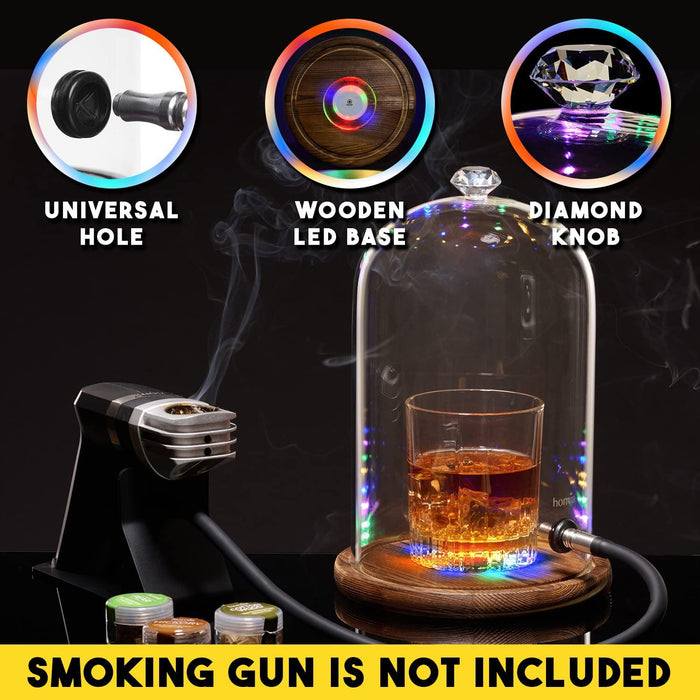 Smoking Gun Accessory LED lights Glass Dome 9  x 5.7  Lid Wooden Base   Glass Smoke infuser Cover Lid for Cocktail Smoker   Dome for Cold Smoke Smoking Cloche for Drinks