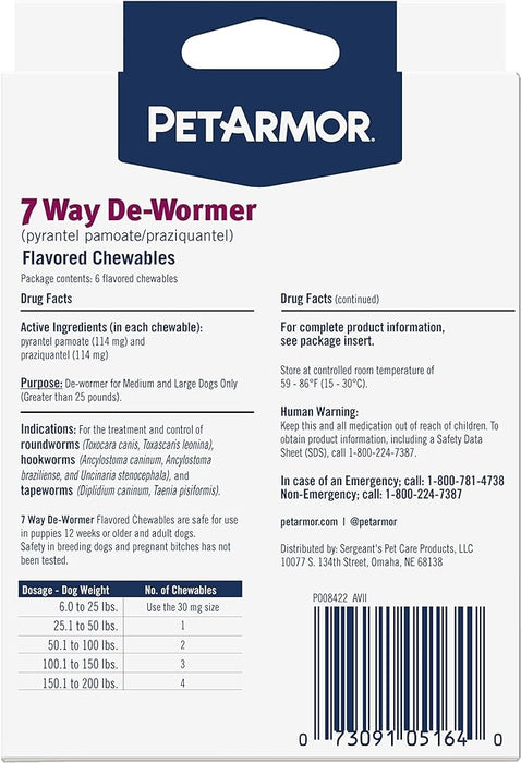 PetArmor 7 Way De-Wormer for Dogs, Oral Treatment for Tapeworm, Roundworm & Hookworm in Large Dogs & Puppies (Over 25 lbs), Worm Remover (Praziquantel & Pyrantel Pamoate), 6 Flavored Chewables