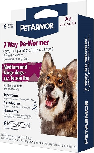 PetArmor 7 Way De-Wormer for Dogs, Oral Treatment for Tapeworm, Roundworm & Hookworm in Large Dogs & Puppies (Over 25 lbs), Worm Remover (Praziquantel & Pyrantel Pamoate), 6 Flavored Chewables