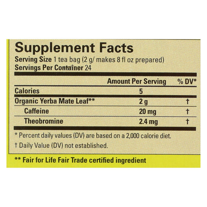 Ecoteas Organic Yerba Mate Unsmoked Green Energy Tea Bags - Case Of 6 - 24 Bags.