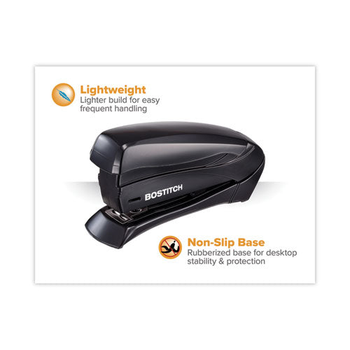 Inspire Spring-powered Half-strip Compact Stapler, 15-sheet Capacity, Black.