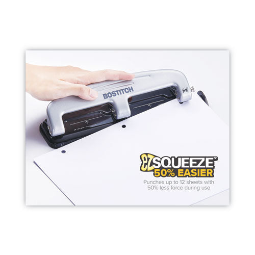 12-sheet Ez Squeeze Three-hole Punch, 9/32" Holes, Black/silver.