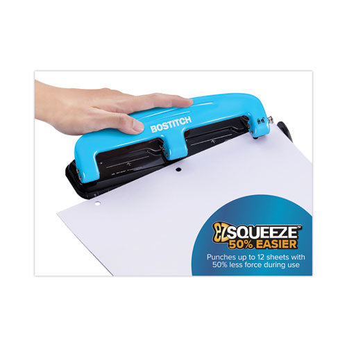 12-sheet Ez Squeeze Three-hole Punch, 9/32" Holes, Blue/black.