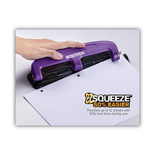 12-sheet Ez Squeeze Three-hole Punch, 9/32" Holes, Purple/black.