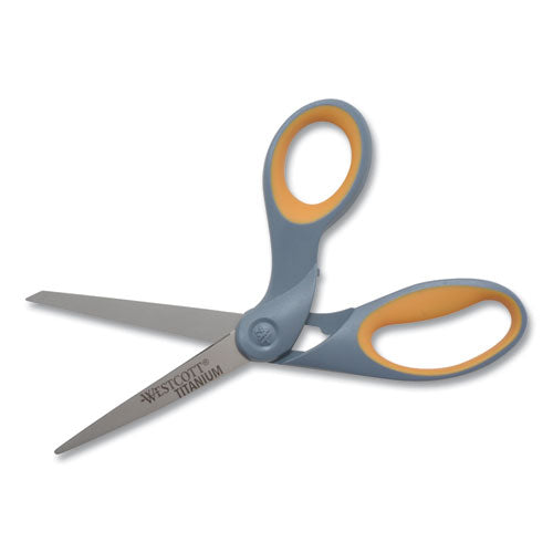 Titanium Bonded Scissors, 8" Long, 3.5" Cut Length, Crane-style Gray/yellow Handle.