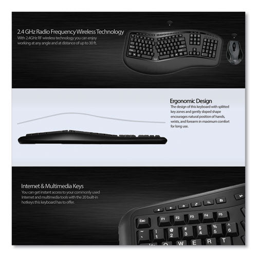 Wkb1500gb Wireless Ergonomic Keyboard And Mouse,2.4 Ghz Frequency/30 Ft Wireless Range, Black