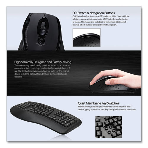 Wkb1500gb Wireless Ergonomic Keyboard And Mouse,2.4 Ghz Frequency/30 Ft Wireless Range, Black