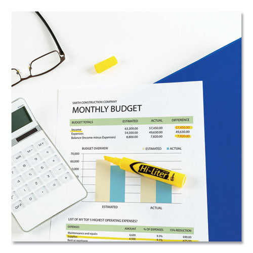 Hi-liter Desk-style Highlighters, Yellow Ink,Chisel Tip, Yellow/black Barrel, Dozen