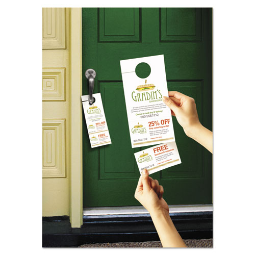 Door Hanger With Tear-away Cards, 97 Bright, 65 Lb Cover Weight, 4.25 X 11, White, 2 Hangers/sheet, .40 Sheets/pack