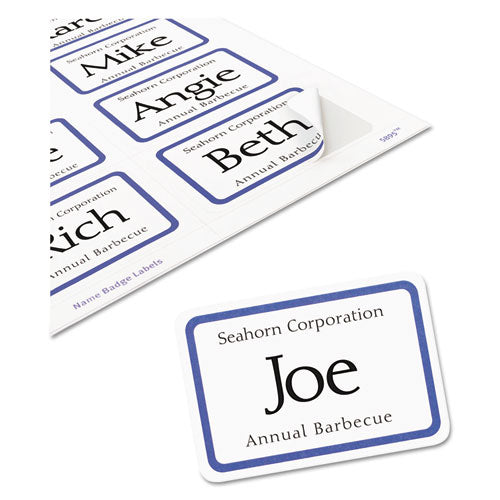 Flexible Adhesive Name Badge Labels, 3.38 X 2.33, White/blue Border, 400/box.
