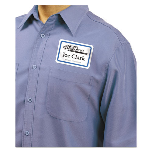 Flexible Adhesive Name Badge Labels, 3.38 X 2.33, White/blue Border, 400/box.