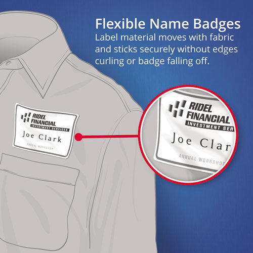 Flexible Adhesive Name Badge Labels, 3.38 X 2.33, White/blue Border, 400/box.