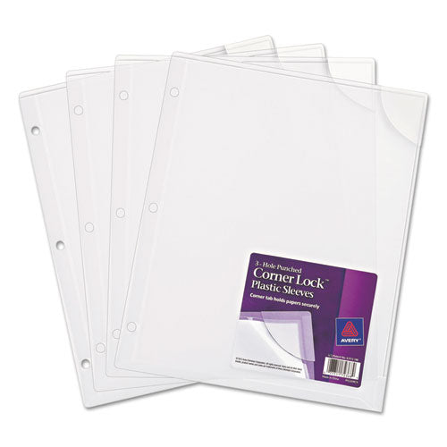 Three-hole Punched Corner Lock Plastic Sleeves, 9.5 X 11.75, Clear, 4/pack.