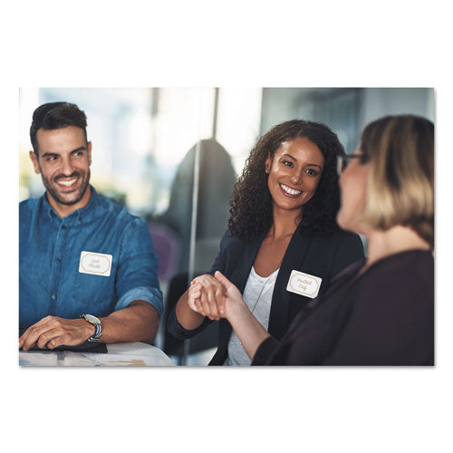 Flexible Adhesive Name Badge Labels, 3 3/8 X 2 1/3, White/gold Border, 120/pk.